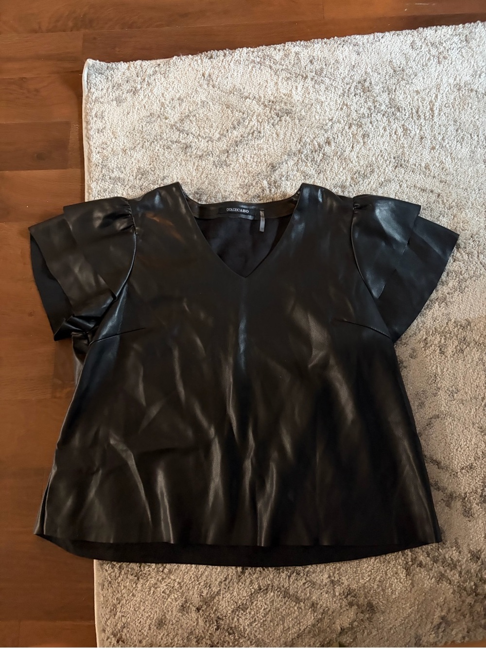 Dolce Cabo Black Faux Leather V-Neck Flutter Sleeve Top